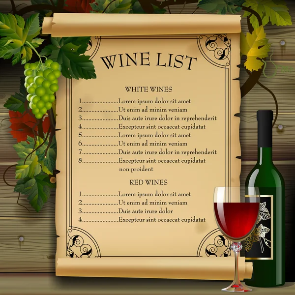 Wine list with old parchment, grapes, bottle and wineglass on wood background — Stockvector