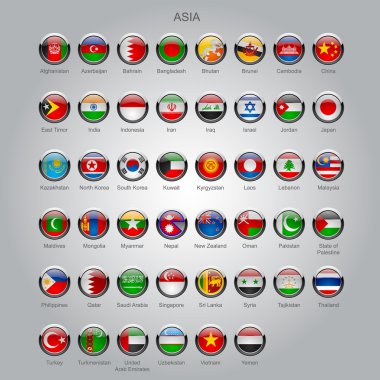 Asya'nın egemen ülkelerinin yuvarlak parlak bayraklar seti