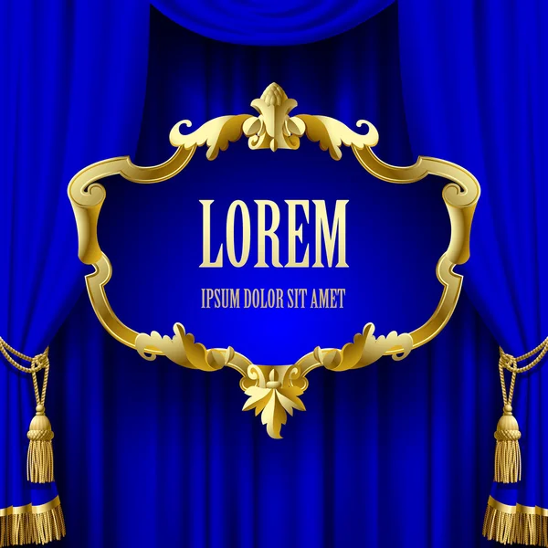 Rideau bleu avec un cadre baroque doré décoratif — Image vectorielle