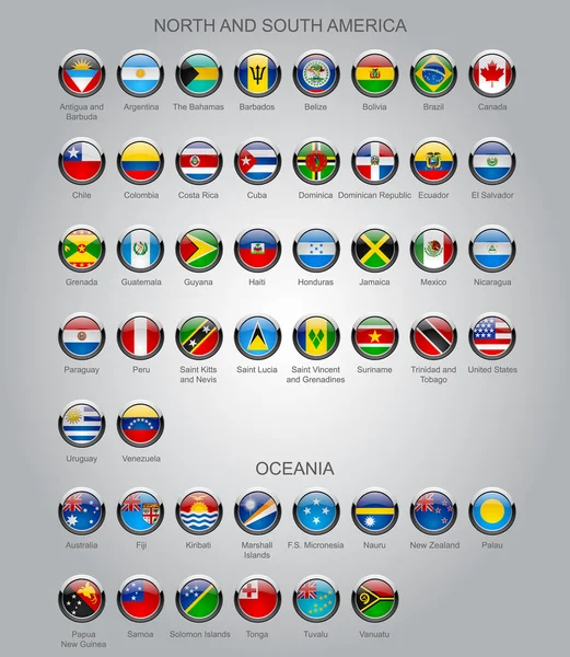 Serie di bandiere lucide rotonde di paesi sovrani del Nord e Così — Vettoriale Stock