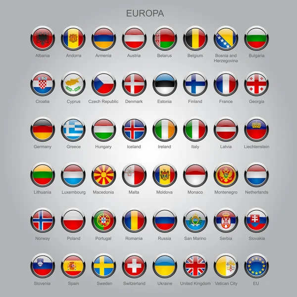 Reihe von runden Hochglanzfahnen aller souveränen Länder Europas — Stockvektor