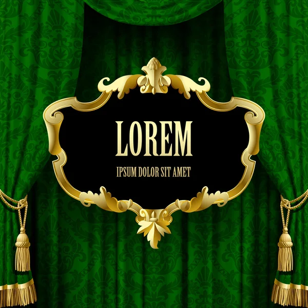 Cortina verde com uma moldura barroca decorativa dourada — Vetor de Stock