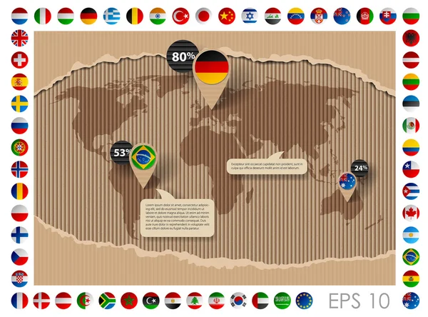 世界地図とフラグを持つ段ボールテンプレート — ストックベクタ