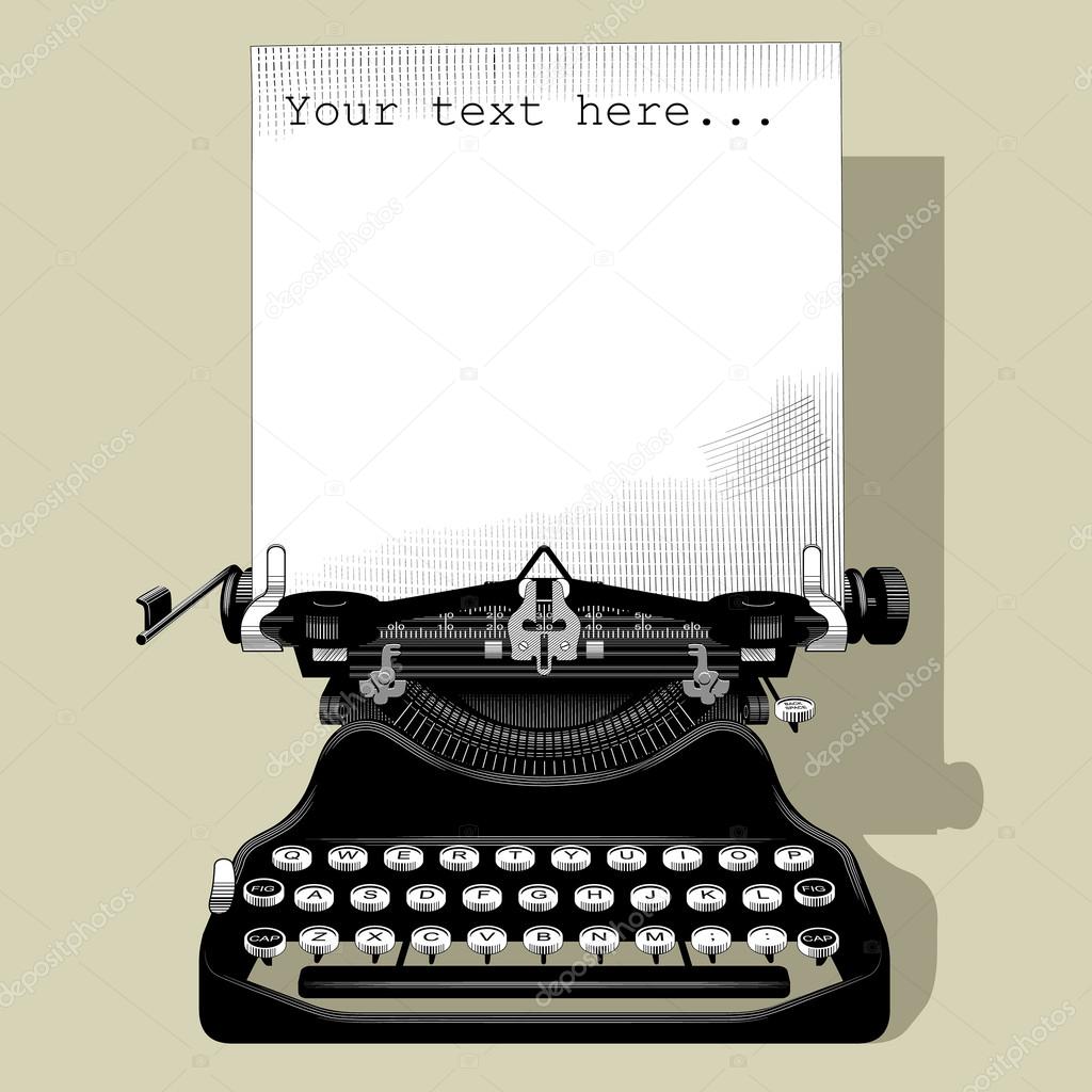 Drawing of old typewriter with a paper in black and white vintage