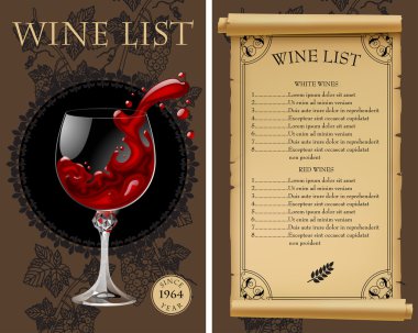 Wine list with old parchment, grapes, bottle and wineglass