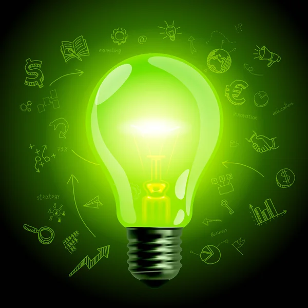 Lâmpada de luz verde na mão desenhado ícones de negócios fundo — Vetor de Stock