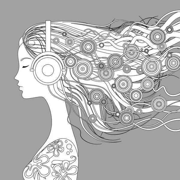 Girl half-face with loose hair and abstract elements listen to m — Stock Vector