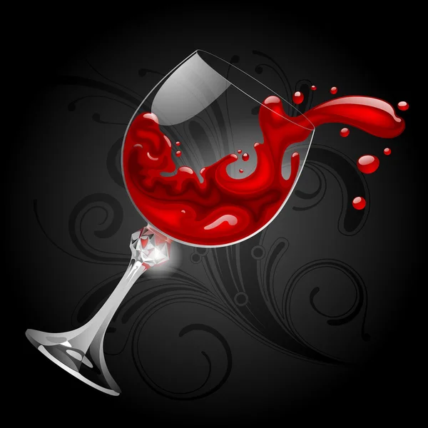 Fallendes transparentes Glas mit Rotwein auf schwarzem Hintergrund — Stockvektor