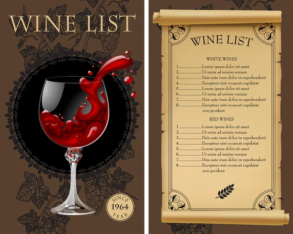 Wine list with old parchment, grapes, bottle and wineglass — 图库矢量图片