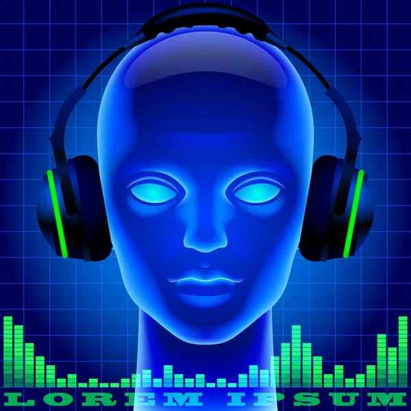 Futuristic artificial head in blue light with headphones — Stockvector