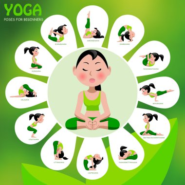 Yoga template with poses and titles on green background