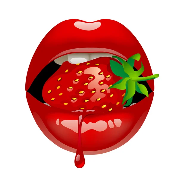 Labios rojos con una fresa — Vector de stock