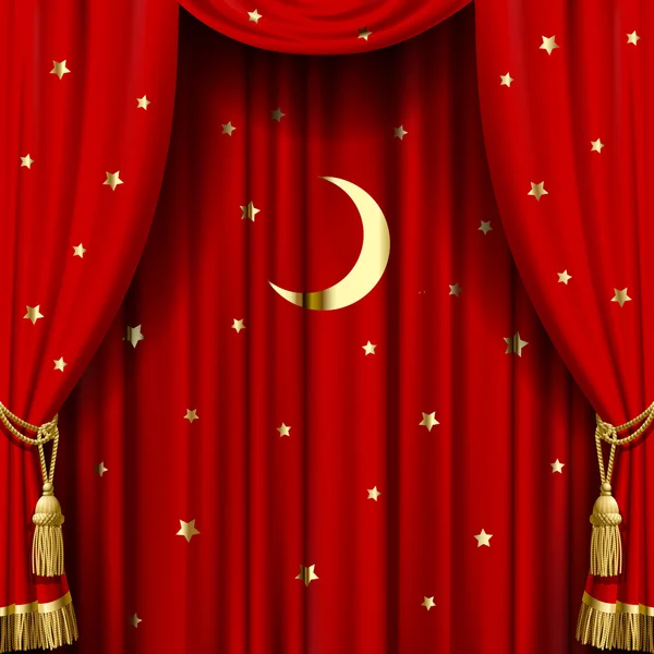 Red curtain with gold stars and moon — Stok Vektör
