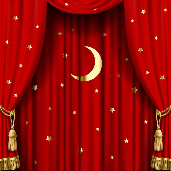 Red curtain with gold stars and moon — 스톡 벡터