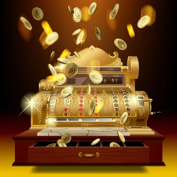 Vintage cash register and money rain — Stock Vector