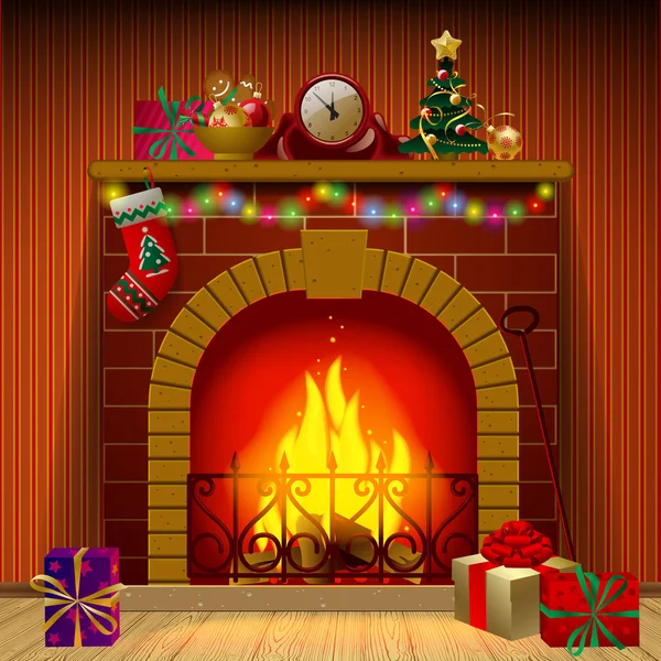 Christmas fireplace in the interior — Stock Vector