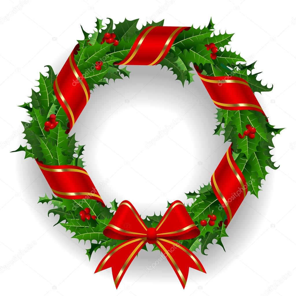 Holly wreath with a red ribbon