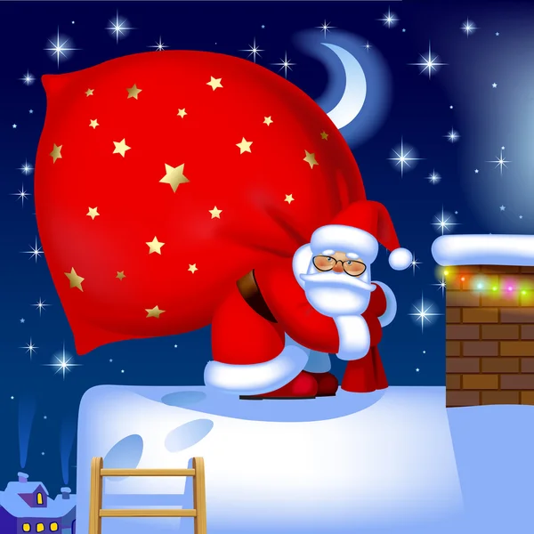 Santa Claus with a sack on the roof — Stock Vector