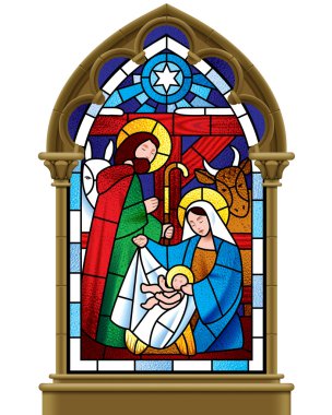 Christmas stained glass window in gothic frame clipart