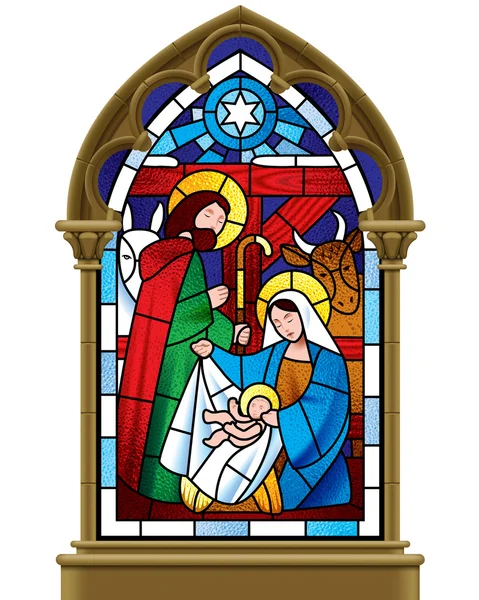 Christmas stained glass window in gothic frame — Stock Vector