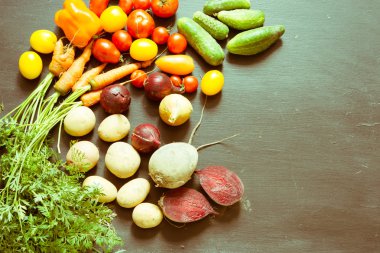Sebze çeşitleri , üst görünümü ... Vegan gıda veya diyet yeme kavramı. Tonlu fotoğraf