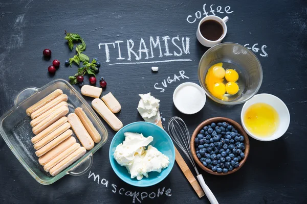 Tiramisu ingredients on a blackboard — Stock Photo, Image