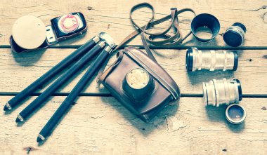 Eski retro vintage ahşap panoları/tonda fotoğraf kamera