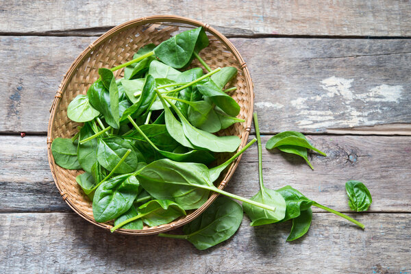 Spinach close up on a wooden background