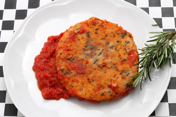 Trout fishburger with tomato sauce — Stock Photo, Image