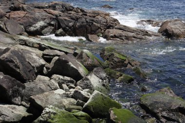 Sahilde deniz dalgaları ve kayalar 