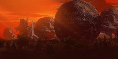 Yabancı gezegen manzarası. Fütürist konsept sanat. Bilim kurgu manzarası. 2d illüstrasyon.