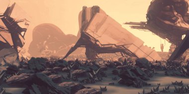 Fütürist konsept sanat. Yabancı gezegen. Bilim kurgu teması. Renkli sanatsal manzara. 2d illüstrasyon.