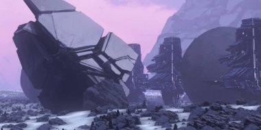 Fütürist konsept sanat. Yabancı gezegen. Bilim kurgu teması. Renkli sanatsal manzara. 2d illüstrasyon.