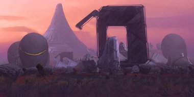 Fütürist konsept sanat. Yabancı gezegen. Bilim kurgu teması. Renkli sanatsal manzara. 2d illüstrasyon.