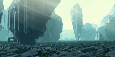 Fütürist konsept sanat. Yabancı gezegen. Bilim kurgu teması. Renkli sanatsal manzara. 2d illüstrasyon.