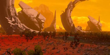 Fütürist konsept sanat. Yabancı gezegen. Bilim kurgu teması. Renkli sanatsal manzara. 2d illüstrasyon.