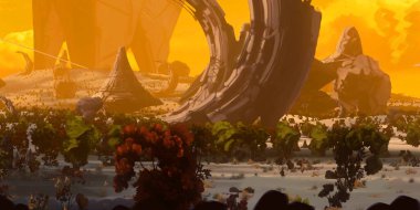 Yabancı gezegen manzarası. Fütürist konsept sanat. Bilim kurgu manzarası. 2d illüstrasyon.