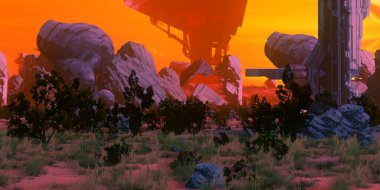 Fütürist konsept sanat. Yabancı gezegen. Bilim kurgu teması. Renkli sanatsal manzara. 2d illüstrasyon.