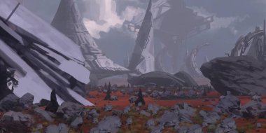 Fütürist konsept sanat. Yabancı gezegen. Bilim kurgu teması. Renkli sanatsal manzara. 2d illüstrasyon.