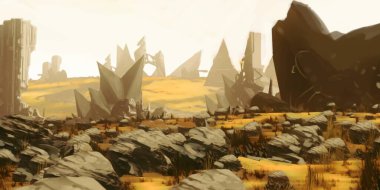 Fütürist konsept sanat. Yabancı gezegen. Bilim kurgu teması. Renkli sanatsal manzara. 2d illüstrasyon.