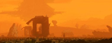 Fütürist konsept sanat. Yabancı gezegen. Bilim kurgu teması. Renkli sanatsal manzara. 2d illüstrasyon.