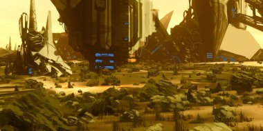 Yabancı gezegen manzarası. Fütürist konsept sanat. Bilim kurgu manzarası. 2d illüstrasyon.