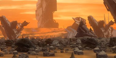 Fütürist konsept sanat. Yabancı gezegen. Bilim kurgu teması. Renkli sanatsal manzara. 2d illüstrasyon.