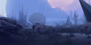 Yabancı gezegen manzarası. Fütürist konsept sanat. Bilim kurgu manzarası. 2d illüstrasyon.