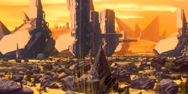 Fütürist konsept sanat. Yabancı gezegen. Bilim kurgu teması. Renkli sanatsal manzara. 2d illüstrasyon.