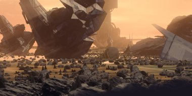 Fütürist konsept sanat. Yabancı gezegen. Bilim kurgu teması. Renkli sanatsal manzara. 2d illüstrasyon.