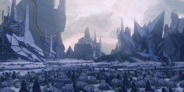 Yabancı gezegen manzarası. Fütürist konsept sanat. Bilim kurgu manzarası. 2d illüstrasyon.