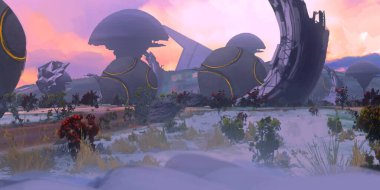 Fütürist konsept sanat. Yabancı gezegen. Bilim kurgu teması. Renkli sanatsal manzara. 2d illüstrasyon.