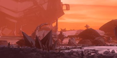 Fütürist konsept sanat. Yabancı gezegen. Bilim kurgu teması. Renkli sanatsal manzara. 2d illüstrasyon.