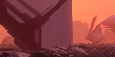 Fütürist konsept sanat. Yabancı gezegen. Bilim kurgu teması. Renkli sanatsal manzara. 2d illüstrasyon.